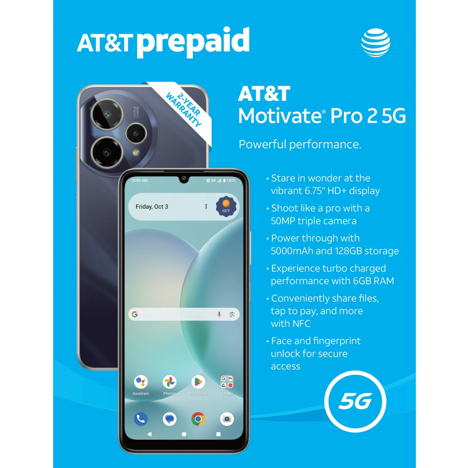 Motivate Pro 2 5G, 128 GB, Stormy Blue – At&t Prepaid Smartphone – Brand New