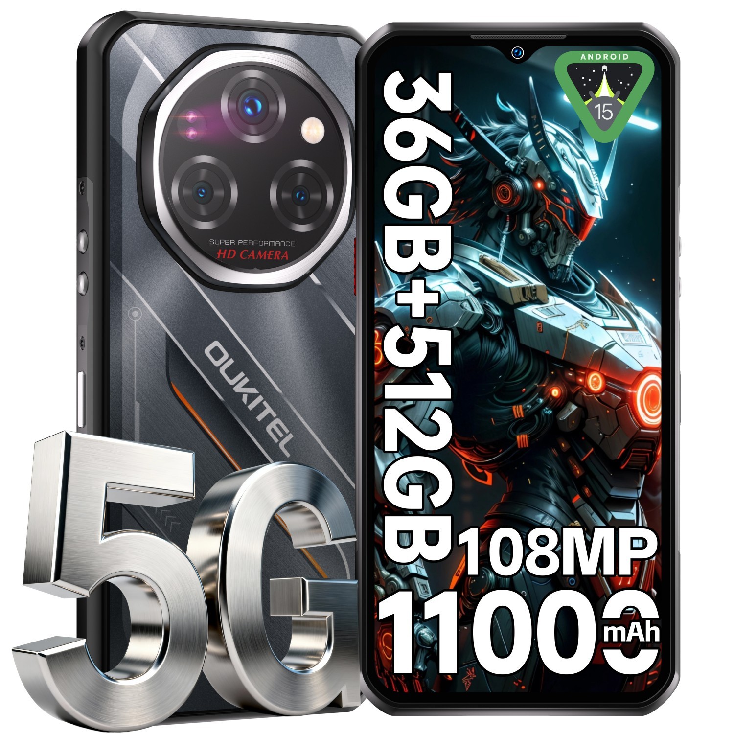 OUKITEL WP62 Rugged Phone 5G Unlocked 36(12+24)GB+512GB/2TB 108MP 11000mAh Black
