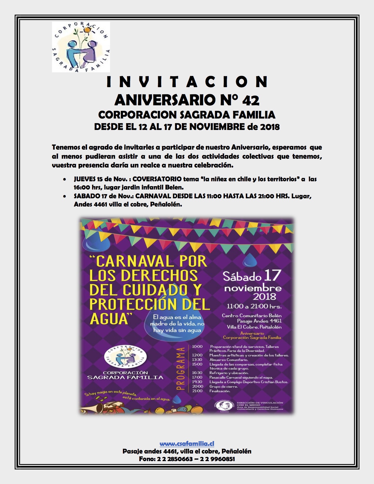 Invitación. Aniversario Nª 42. Corporación Sagrada Familia. Desde el 12 al 17 de noviembre.