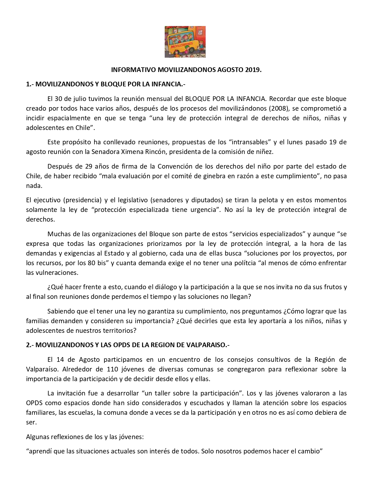 Informativo MOVILIZÁNDONOS agosto 2019