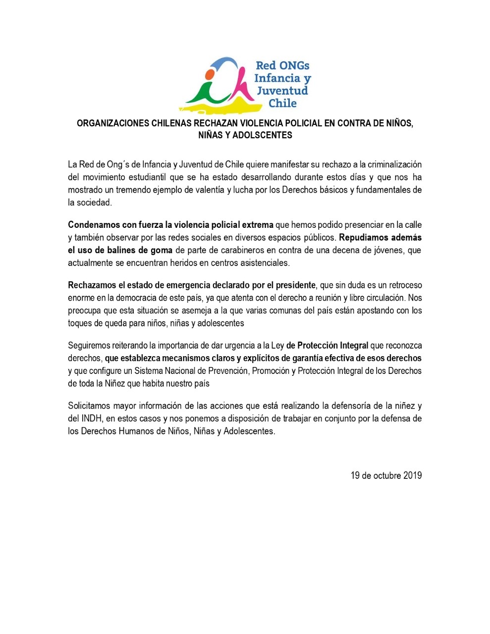 Declaración de la Red de Ong de Infancia y Juventud, respecto de la violencia que las fuerzas de orden ejercen en contra de los niños, niñas y jóvenes.
