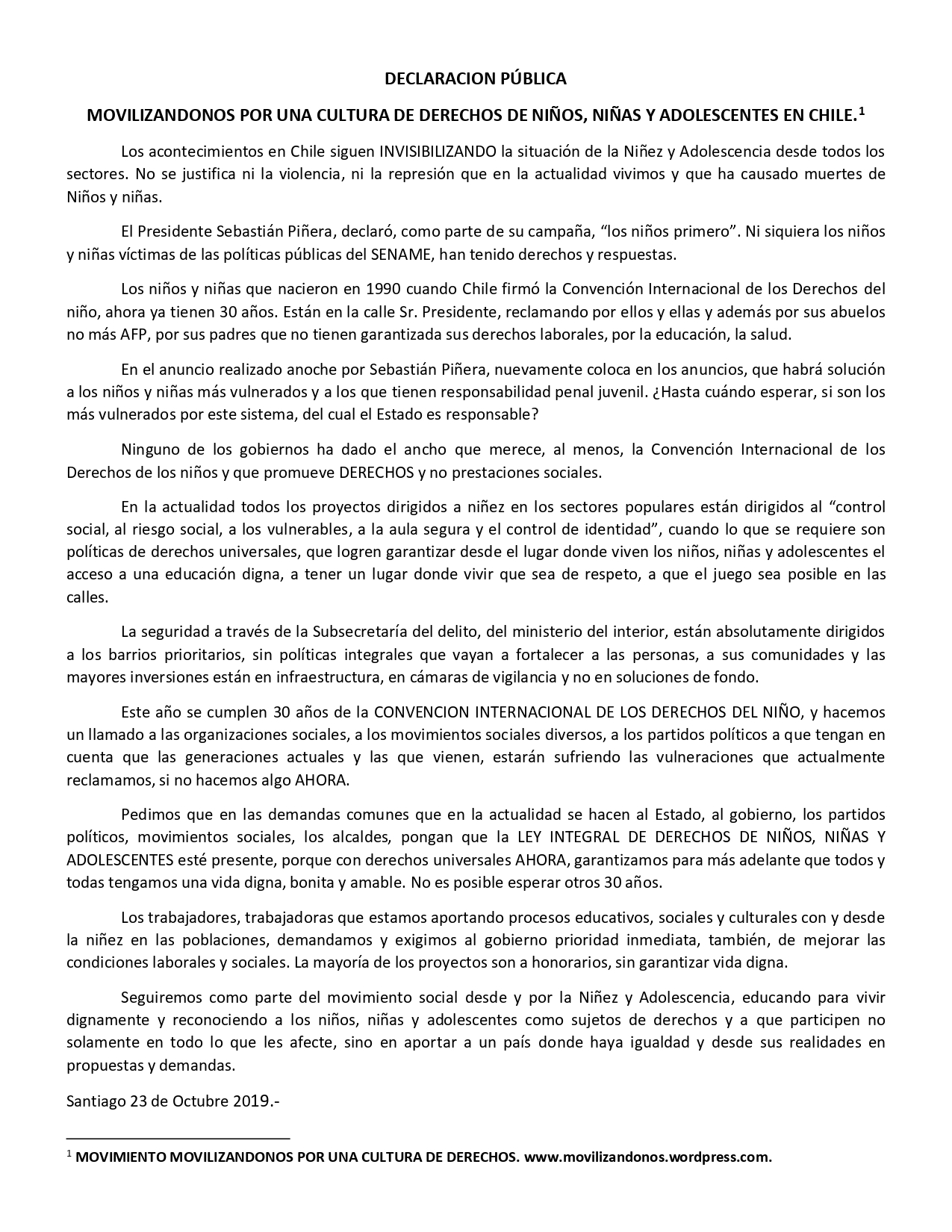 DECLARACION PÚBLICA MOVILIZANDONOS POR UNA CULTURA DE DERECHOS DE NIÑOS, NIÑAS Y ADOLESCENTES EN CHILE.