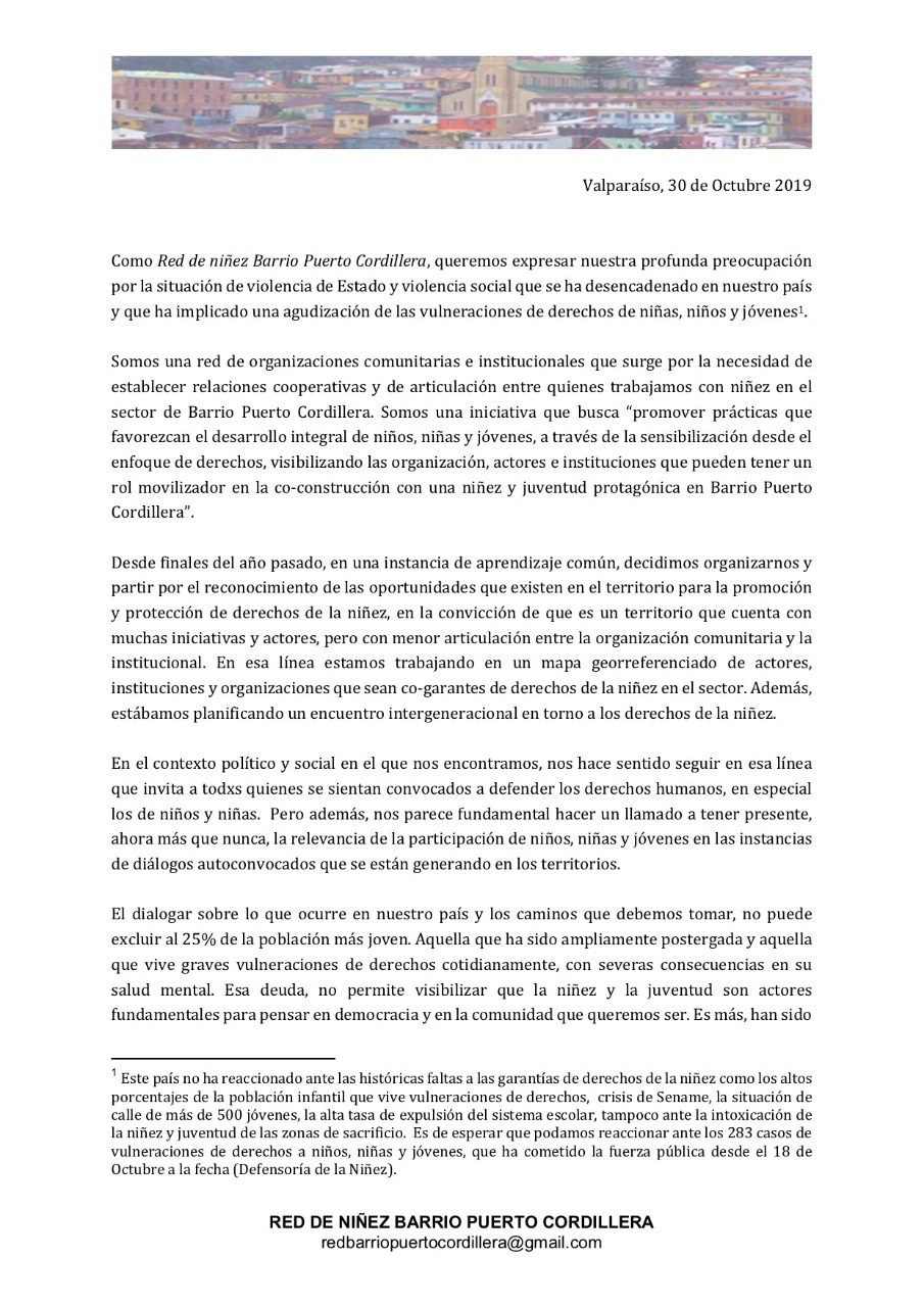 La Red de Niñez Barrio Puerto Cordillera, manifiesta su preocupación por la agudización de vulneraciones de derechos a niños, niñas y jóvenes.