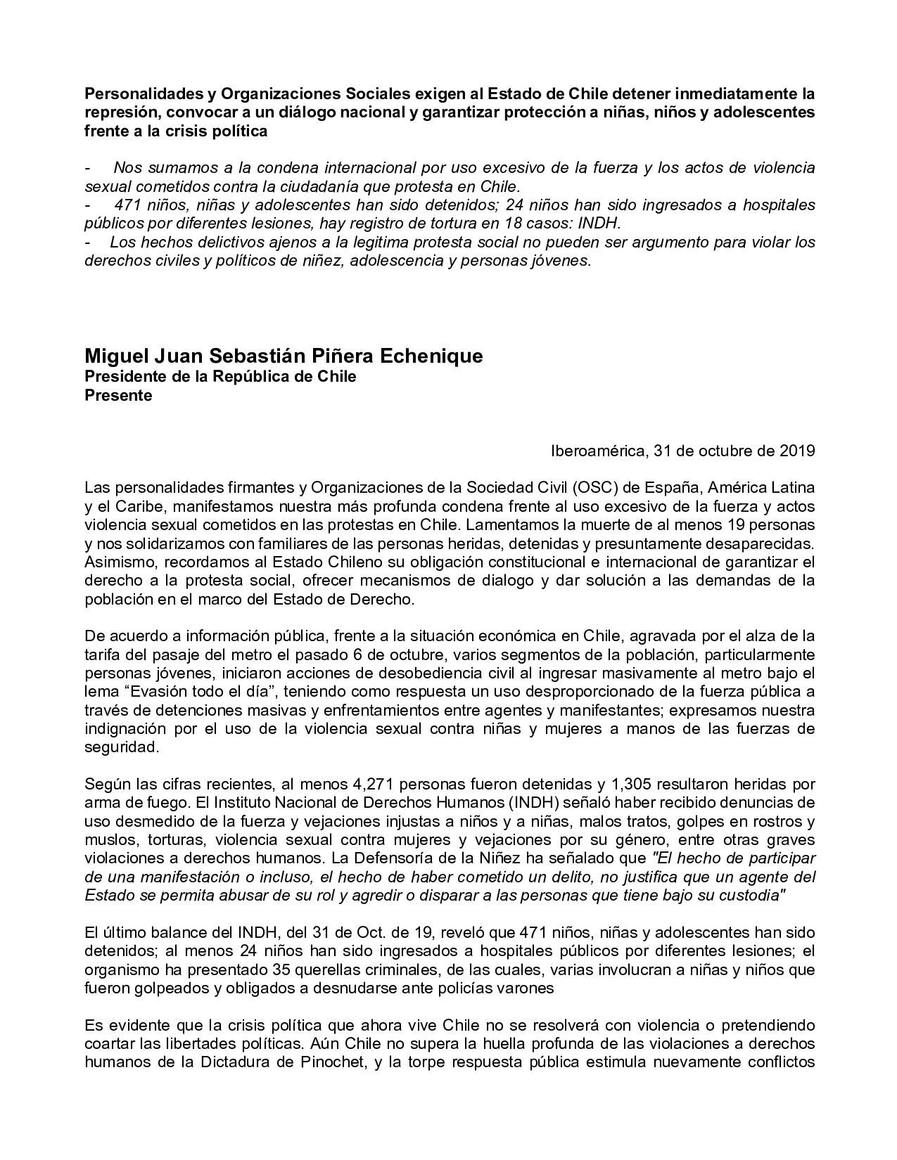 Personalidades y Organizaciones Sociales exigen al Estado de Chile detener inmediatamente la represión, convocar a un diálogo nacional y garantizar protección a niñas, niños y adolescentes frente a la crisis política