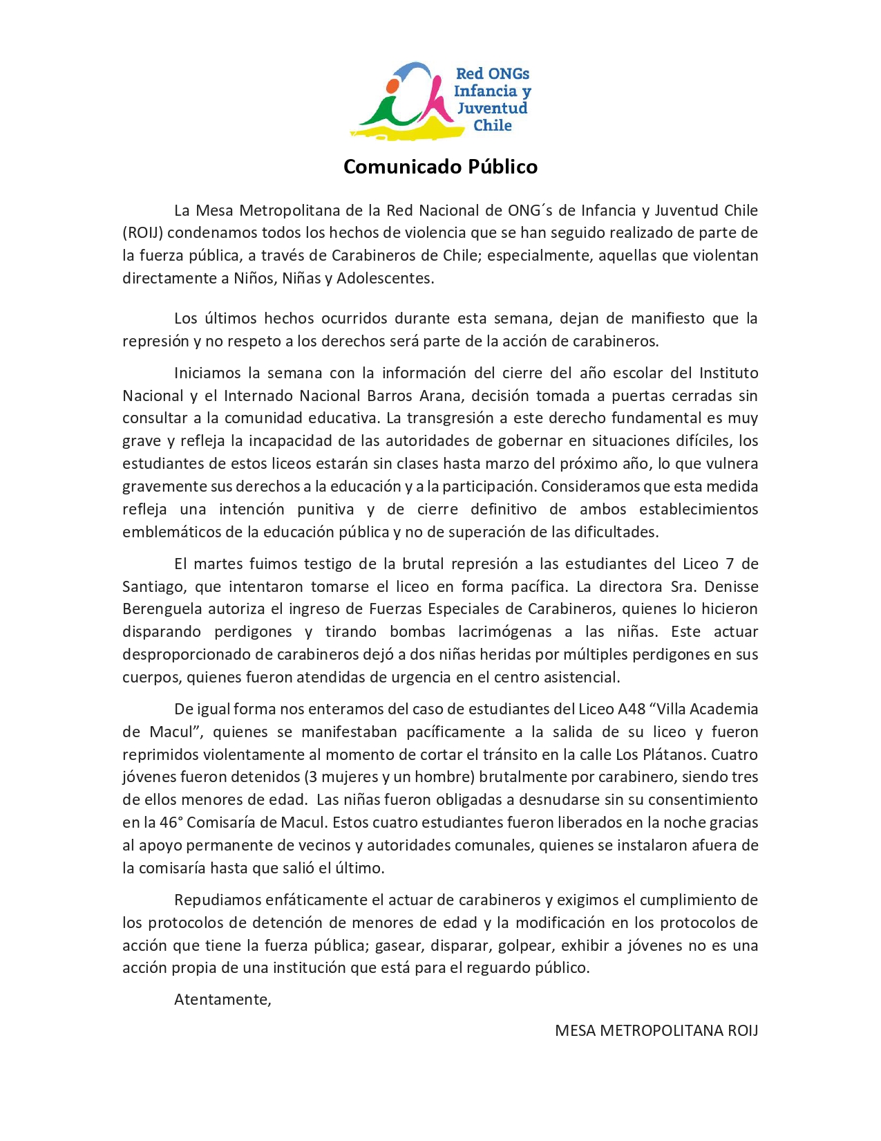 Declaración de la mesa Metropolitana de ONG’S de infancia y juventud de Chile (ROIJ).